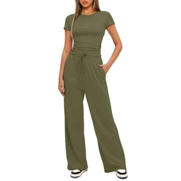 Darong Women's 2 Piece Outfits Lounge Sets Ruched Short Sleeve Tops High Waisted Wide Leg Pants Tracksuit Sets