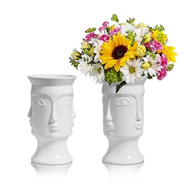 ComSaf Ceramic Flower Vase White Set of 2, Modern Face Flower Vase Tall Posy Bouquet Centerpiece for...
