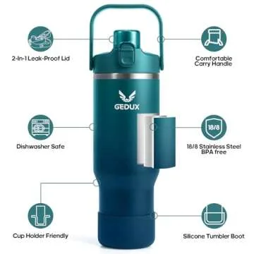 Gedux 32 oz Stainless Steel Tumbler with Handle and Straw, Vacuum Insulated Water Bottle with 2-in-1 Lid (Chug Lid/Straw Lid) and Silicone Boot, Cupholder Friendly Gifts for Women and Men