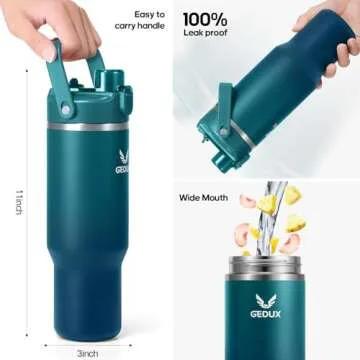 Gedux 32 oz Stainless Steel Tumbler with Handle and Straw, Vacuum Insulated Water Bottle with 2-in-1 Lid (Chug Lid/Straw Lid) and Silicone Boot, Cupholder Friendly Gifts for Women and Men