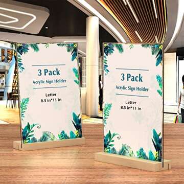 Insdawn 8.5*11 inch Acrylic Sign Holder Clear Sign Holder Plastic Paper Holder L or T Shape Sign Menu Holder Plastic Display Stand for Office Store Marketing 3 Pack Oak Base