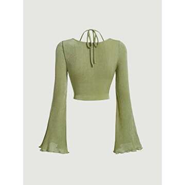 Verdusa Women's Long Sleeve Ruched Bust Off Shoulder Tie Back Flounce Sleeve Lettuce Trim Crop Top T...