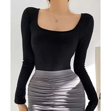 OQQ Women's 2 Piece Bodysuits Sexy Ribbed One Piece Square Neck Long Sleeve Tops Black Beige