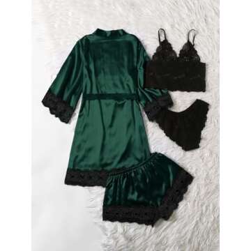 WDIRARA Women' Silk Satin Pajamas Set 4pcs Lingerie Floral Lace Cami Sleepwear with Robe Dark Green ...