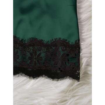 WDIRARA Women' Silk Satin Pajamas Set 4pcs Lingerie Floral Lace Cami Sleepwear with Robe Dark Green Solid L