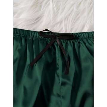 WDIRARA Women' Silk Satin Pajamas Set 4pcs Lingerie Floral Lace Cami Sleepwear with Robe Dark Green Solid L