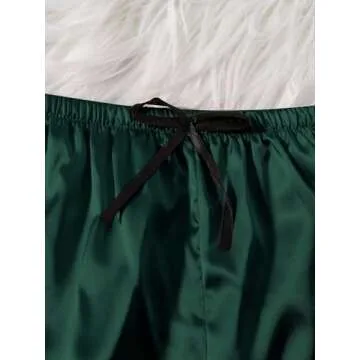 WDIRARA Women' Silk Satin Pajamas Set 4pcs Lingerie Floral Lace Cami Sleepwear with Robe Dark Green Solid L