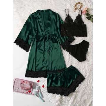 WDIRARA Women' Silk Satin Pajamas Set 4pcs Lingerie Floral Lace Cami Sleepwear with Robe Dark Green Solid L
