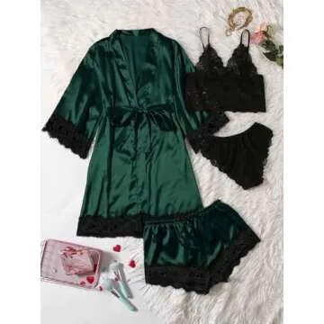 WDIRARA Women' Silk Satin Pajamas Set 4pcs Lingerie Floral Lace Cami Sleepwear with Robe Dark Green Solid L