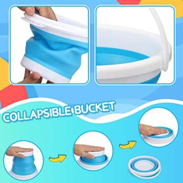 Silicone Beach Foldable Buckets Toys, 3L Jumbo Sand Pails Bucket Set with Mesh Bag, Swimming Pool Toys for Kids Adults, Gift Set for Gardening, Travel, Fishing, Cleaning, Camping Outdoor
