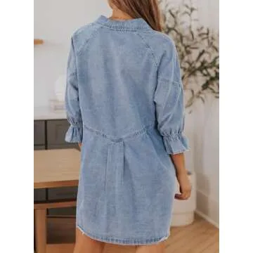 Stylish Sidefeel Women's Smocked Denim Mini Dress with Ruffle Sleeves