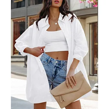 FSHAOES Women’s Oversized Button Down Blouse with Pockets