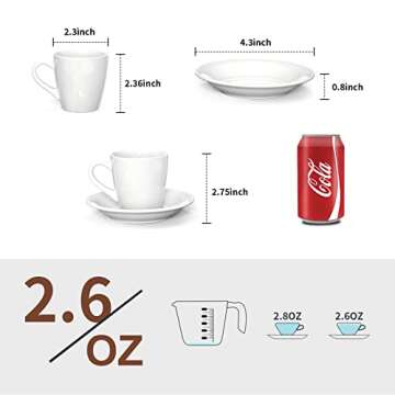 MEKY Porcelain Small Espresso Cups with Saucers Set of 6, 2.6 oz Coffee Cup and Saucer Set for Cappu...