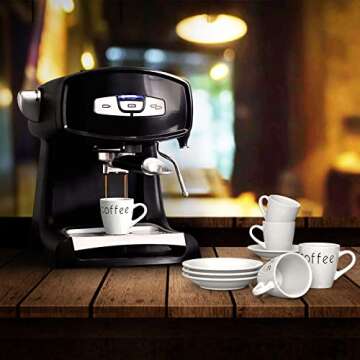 MEKY Porcelain Small Espresso Cups with Saucers Set of 6, 2.6 oz Coffee Cup and Saucer Set for Cappuccino, Espresso, Coffee Latte, Coffee drinks and Tea, Tiny Coffee Mugs Set, White