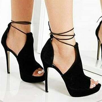 Womens Peep Toe Platform Heels Sexy Sandals Strappy Lace Up Tie Stilettos Dress Pumps Shoes