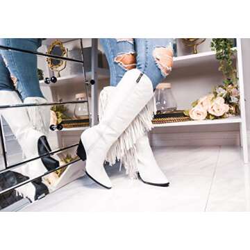 Cape Robbin Cowtown Cowboy Mid Calf Boots Women Western Cowgirl Boots with Chunky Block Heels,White,6