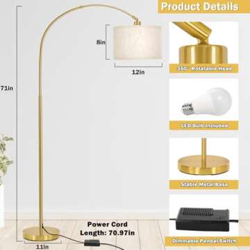 Gold Arc Floor Lamp - Dimmable, Adjustable & Elegant Design for Living Room, Bedroom, Office