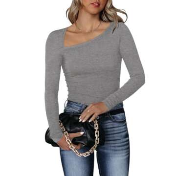 REORIA Women's Classy Asymmetrical Neck Long Sleeve Bodysuit Tops in Light Grey