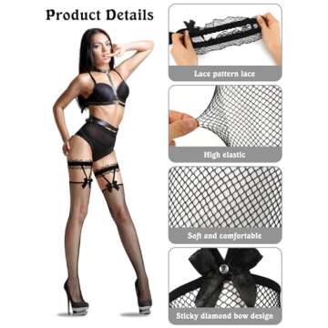 BOARDFEB 4 Pairs Fishnet Thigh High Stocking Bow Suspenders Thigh High Stockings Lace Top Fishnet Over Knee Stockings for Women