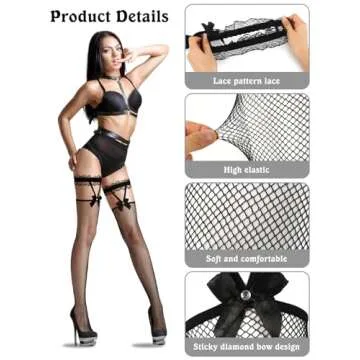 BOARDFEB 4 Pairs Fishnet Thigh High Stocking Bow Suspenders Thigh High Stockings Lace Top Fishnet Over Knee Stockings for Women