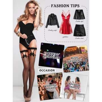 BOARDFEB 4 Pairs Fishnet Thigh High Stocking Bow Suspenders Thigh High Stockings Lace Top Fishnet Over Knee Stockings for Women