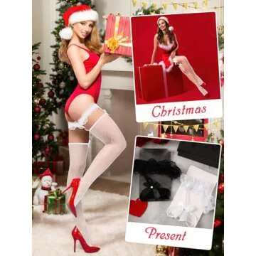 BOARDFEB 4 Pairs Fishnet Thigh High Stocking Bow Suspenders Thigh High Stockings Lace Top Fishnet Over Knee Stockings for Women