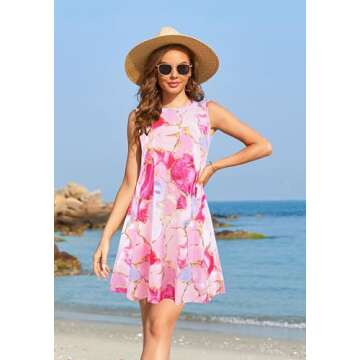 Summer Dresses for Women 2024 Casual Sundresses Beach Cover Ups Sleeveless Tshirt Swing Dress with Pockets Medium Pink Stitching