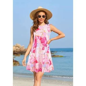 Summer Dresses for Women 2024 Casual Sundresses Beach Cover Ups Sleeveless Tshirt Swing Dress with Pockets Medium Pink Stitching