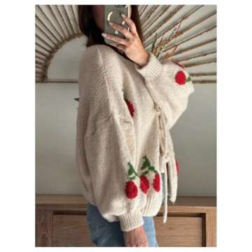 GORGLITTER Women's Bow Front Tie Cardigan Cherry Sweater Y2k Open Front Chunky Knit Sweater Cardigan Beige Small