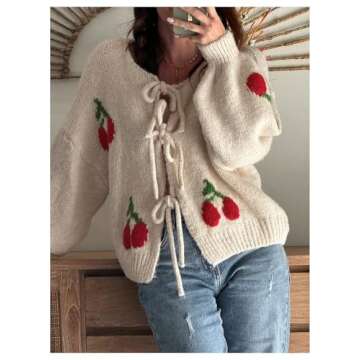 GORGLITTER Women's Bow Front Tie Cardigan Cherry Sweater Y2k Open Front Chunky Knit Sweater Cardigan Beige Small