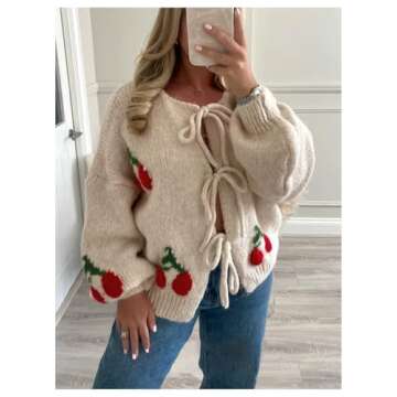 GORGLITTER Women's Bow Front Tie Cardigan Cherry Sweater Y2k Open Front Chunky Knit Sweater Cardigan Beige Small