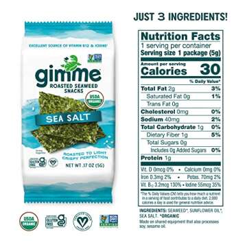 gimMe Organic Roasted Seaweed Sheets - Sea Salt - 12 Count - Keto, Vegan, Gluten Free - Great Source of Iodine and Omega 3’s - Healthy On-The-Go Snack for Kids & Adults
