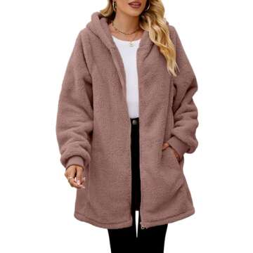 ReachMe Womens Fleece Zip Up Jacket with Pockets Fuzzy Jackets for Women Oversized Long Sherpa Hoodie Teddy Coat(01 Dusty Mauve,S)