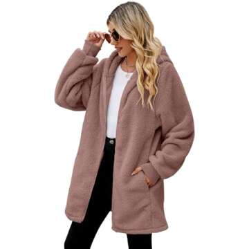 ReachMe Womens Fleece Zip Up Jacket with Pockets Fuzzy Jackets for Women Oversized Long Sherpa Hoodie Teddy Coat(01 Dusty Mauve,S)