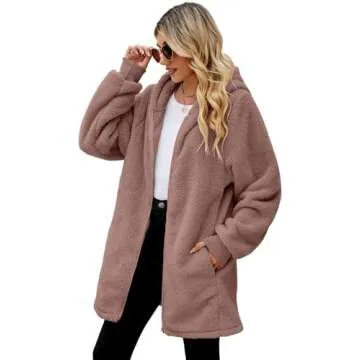ReachMe Womens Fleece Zip Up Jacket with Pockets Fuzzy Jackets for Women Oversized Long Sherpa Hoodie Teddy Coat(01 Dusty Mauve,S)
