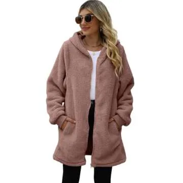 ReachMe Womens Fleece Zip Up Jacket with Pockets Fuzzy Jackets for Women Oversized Long Sherpa Hoodie Teddy Coat(01 Dusty Mauve,S)
