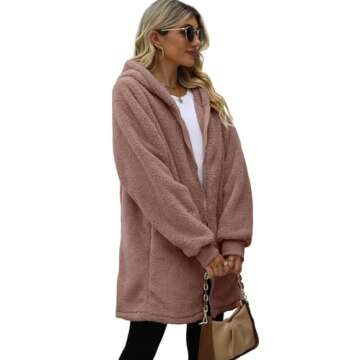 ReachMe Womens Fleece Zip Up Jacket with Pockets Fuzzy Jackets for Women Oversized Long Sherpa Hoodie Teddy Coat(01 Dusty Mauve,S)