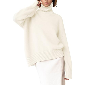 YKR Women's Turtleneck Sweater Chunky Long Sleeve Knitted Pullover High Low Hem Sweater 2024 Fall Winter Sweater Jumper Top White M