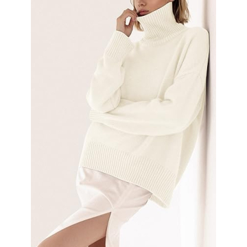 YKR Women's Turtleneck Sweater Chunky Long Sleeve Knitted Pullover High Low Hem Sweater 2024 Fall Winter Sweater Jumper Top White M