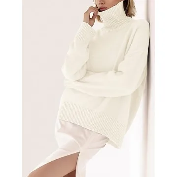 YKR Women's Turtleneck Sweater Chunky Long Sleeve Knitted Pullover High Low Hem Sweater 2024 Fall Winter Sweater Jumper Top White M