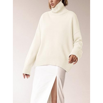 YKR Women's Turtleneck Sweater Chunky Long Sleeve Knitted Pullover High Low Hem Sweater 2024 Fall Winter Sweater Jumper Top White M