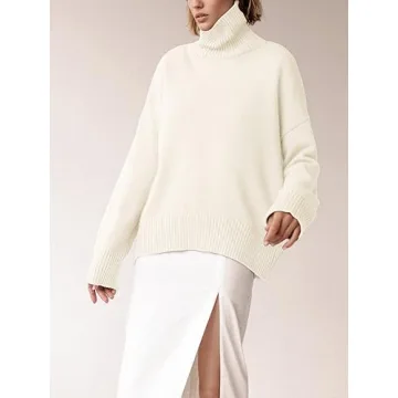 YKR Women's Turtleneck Sweater Chunky Long Sleeve Knitted Pullover High Low Hem Sweater 2024 Fall Winter Sweater Jumper Top White M