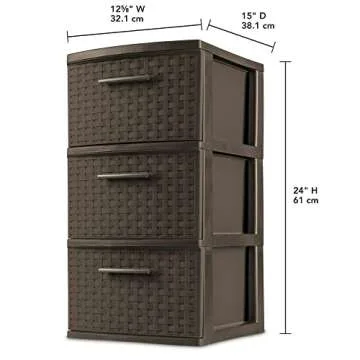 TQaSer 3-Drawer Wide Weave Design Storage Tower, Espresso Frame & Drawers With Driftwood Handles, Brown, Case of 1