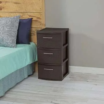 TQaSer 3-Drawer Wide Weave Design Storage Tower, Espresso Frame & Drawers With Driftwood Handles, Brown, Case of 1