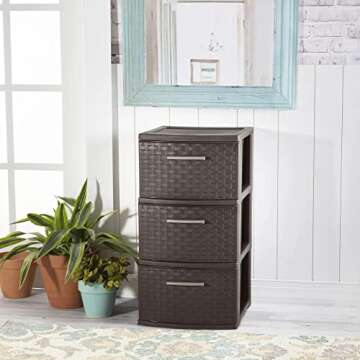 TQaSer 3-Drawer Wide Weave Design Storage Tower, Espresso Frame & Drawers With Driftwood Handles, Brown, Case of 1