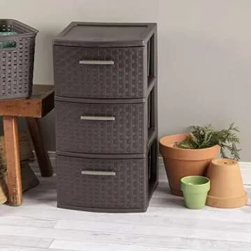 TQaSer 3-Drawer Wide Weave Design Storage Tower, Espresso Frame & Drawers With Driftwood Handles, Brown, Case of 1