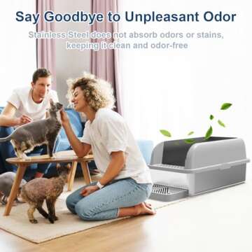 Suzzipaws Enclosed Stainless Steel Cat Litter Box with Lid Extra Large Litter Box for Big Cats XL Metal Litter Pan Tray with High Wall Sides Enclosure, Non-Sticky, Anti-Leakage, Easy Cleaning