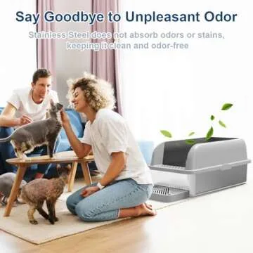 Suzzipaws Enclosed Stainless Steel Cat Litter Box with Lid Extra Large Litter Box for Big Cats XL Metal Litter Pan Tray with High Wall Sides Enclosure, Non-Sticky, Anti-Leakage, Easy Cleaning