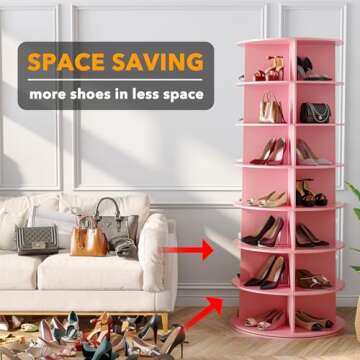 SpaceAid 7 Tier Rotating Shoe Rack Tower, Spinning Shoe Display Lazy Susan, Revolving 360 Shoe Rack Storage Round Carousel, Vertical Handbag Rotate Shoes Closet Organization (7-Tier Pink)