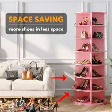SpaceAid 7 Tier Rotating Shoe Rack Tower, Spinning Shoe Display Lazy Susan, Revolving 360 Shoe Rack Storage Round Carousel, Vertical Handbag Rotate Shoes Closet Organization (7-Tier Pink)